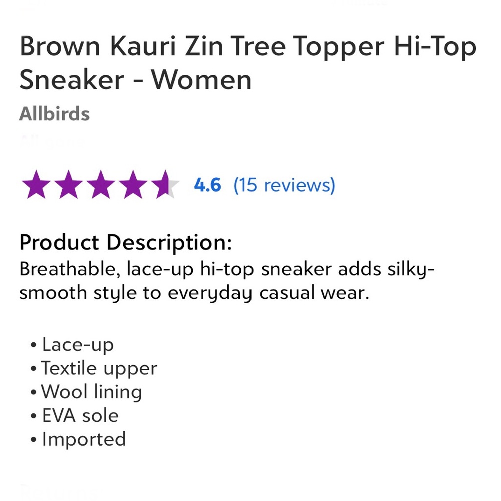 Allbirds Brown Kauri Zin Tree Topper Hi-Top Sneaker Women’s Size 5 Wool Lining - Picture 5 of 5